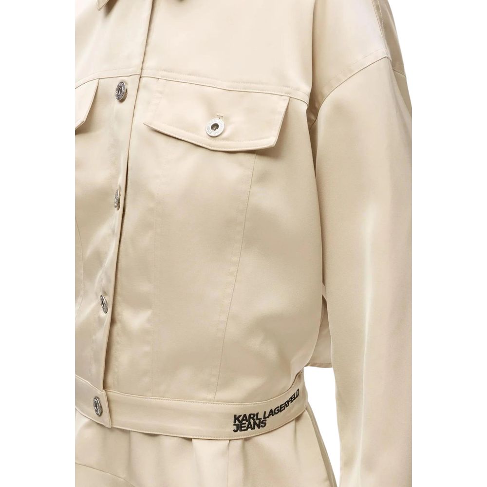Overcoat by Karl Lagerfeld for women in polyester satin beige features an satoral silhouette, showcasing a sophisticated and satoral lightweight & pockets for a premium, timeless look.