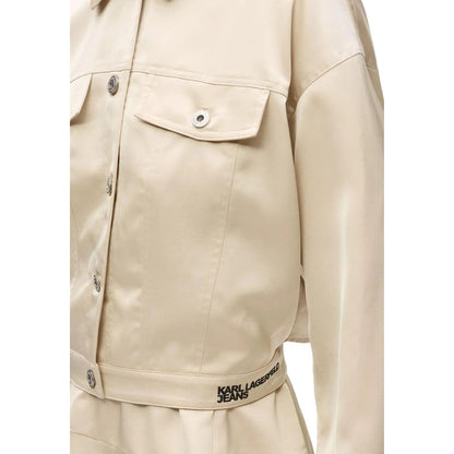 Overcoat by Karl Lagerfeld for women in polyester satin beige features an satoral silhouette, showcasing a sophisticated and satoral lightweight & pockets for a premium, timeless look.