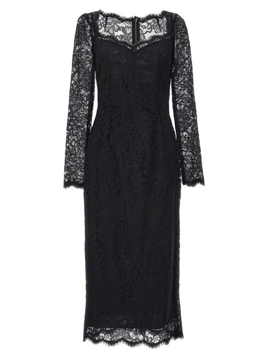 Dress by Dolce & Gabbana for women in polyamide & lace black features an sultry silhouette defined by a crew neckline and long-sleeve, falling to an sultry midi for a sultry look.