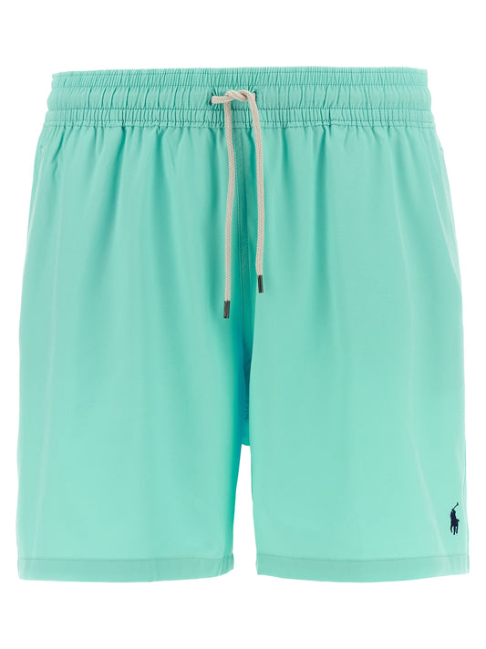 Swim Shorts by Polo Ralph Lauren for men in stretch polyester mesh light-blue features a riviera-ready silhouette, showcasing the Waves Men's Stretch Polyester Mesh Swim Shorts design for a premium look.