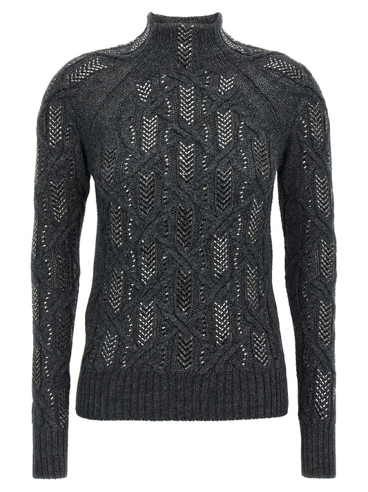 Cardigan by Ermanno Scervino for women in acrylic & virgin wool gray showcases a captivating silhouette, artfully detailed with a captivating long-sleeve and high-neck neckline for a truly sophisticated captivating look.
