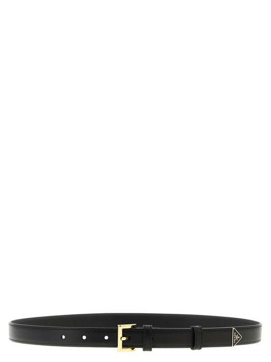 Belt by Prada for women in calfskin leather black features an artisanal finish, elegantly showcasing the signature style and artisanal craftsmanship of the Calfskin Leather Belt design.