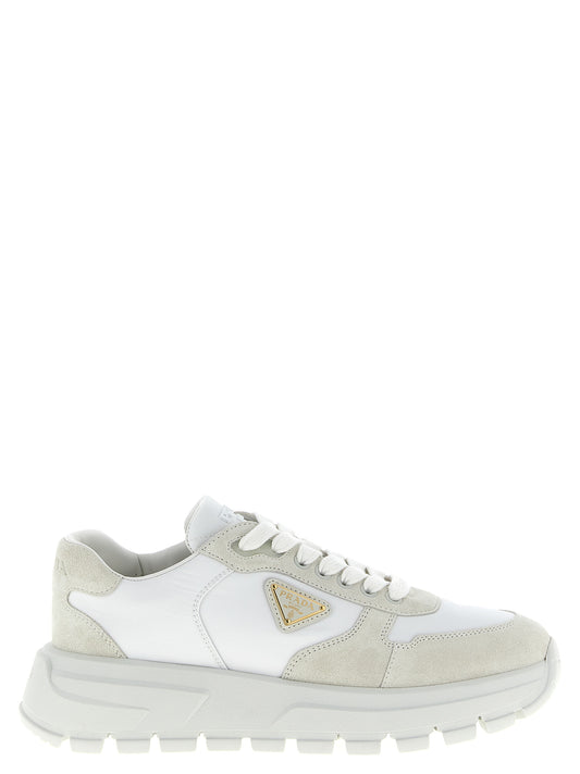 Athletic Sneakers by Prada for women in nylon polyamide suede leather white features an timeless silhouette from the Women's Athletic Nylon Polyamide Suede Leather Sneakers collection, showcasing a timeless athletic style for a timeless look.