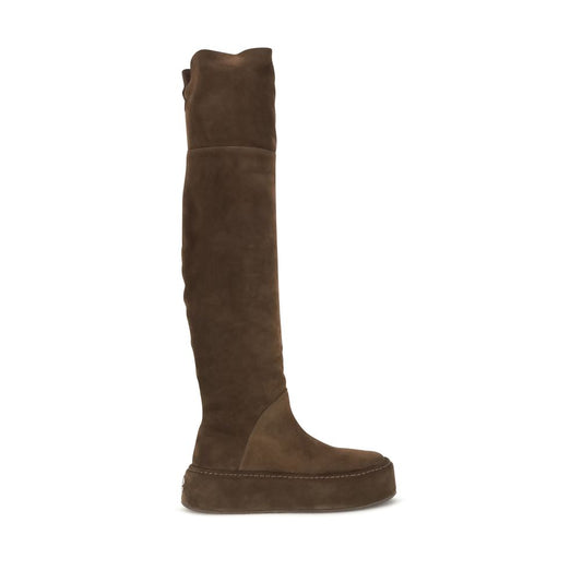 High Knee-High Over-The-Knee Boots by Casadei for women in suede leather & rubber brown features an avant-garde Women's Suede Leather & Rubber High Knee-High Over-The-Knee Boots silhouette, defined by a sophisticated and a avant-garde .