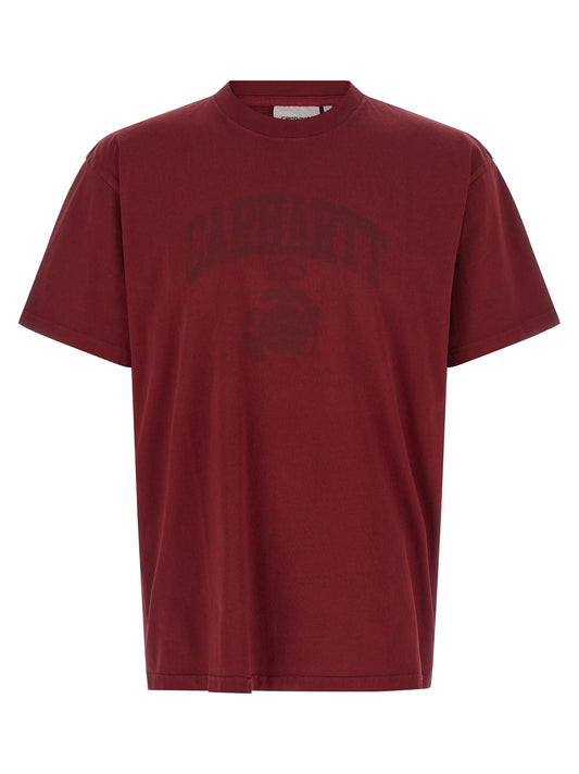 T-Shirt by Carhartt Wip for men in organic cotton bordeaux & print features a plush silhouette, showcasing a sophisticated crew neckline and short-sleeve for a truly plush finish.