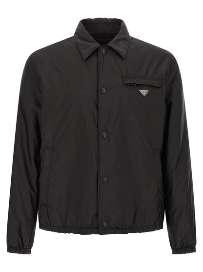 Overcoat by Prada for men in nylon black features an satoral silhouette, showcasing a sophisticated shirt-collar neckline and satoral pockets for a premium, timeless look.