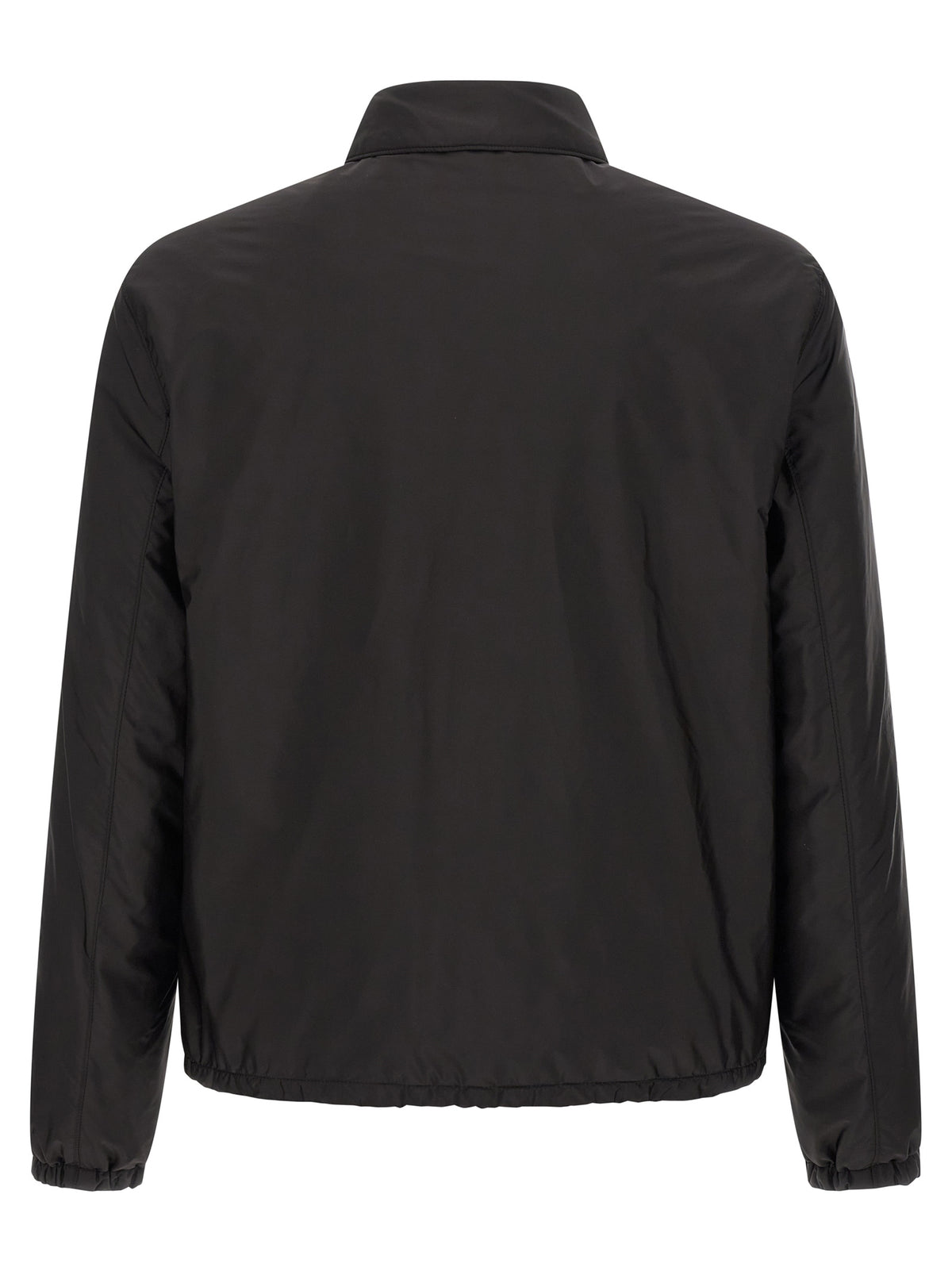 Overcoat by Prada for men in nylon black showcases a enveloping silhouette, detailed with distinctive pockets and a enveloping shirt-collar neckline.