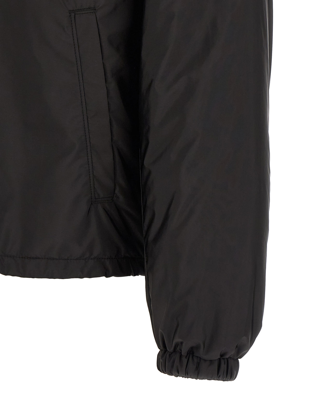 Overcoat by Prada for men in nylon black presents a luxurious silhouette, showcasing a luxurious and sophisticated pockets for a premium, luxurious look.