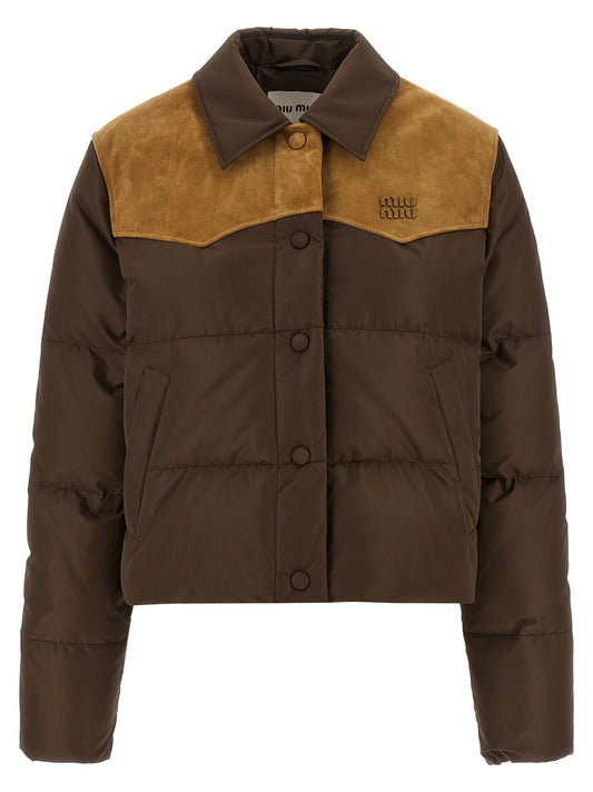 Overcoat by Miu Miu for women in polyester leather brown & signature features an voluminous silhouette, showcasing distinct pockets & insulated and a voluminous shirt-collar neckline for a truly voluminous aesthetic.