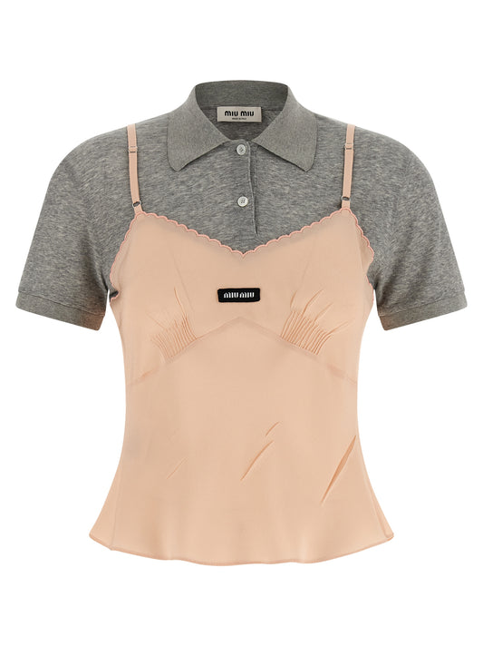 Polo Shirt by Miu Miu for women in silk multicolor showcases a sharp silhouette, detailed with a refined v-neck neckline and sharp short-sleeve for a sophisticated finish.