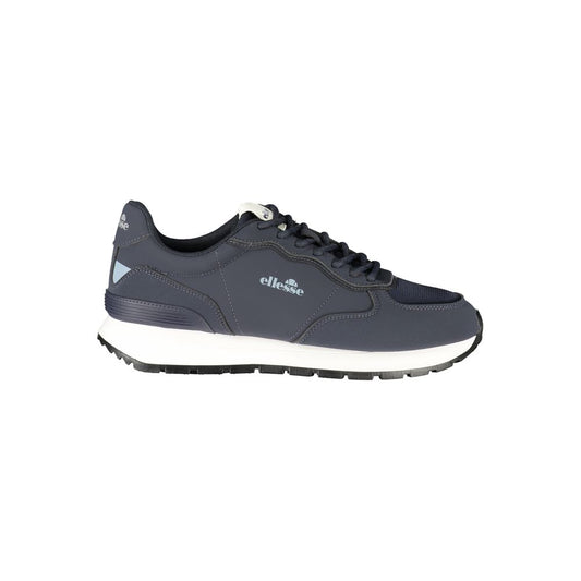 Athletic Sneakers by Ellesse for men in polyester & polyurethane blue, white & print showcases a architectural silhouette, artfully capturing the essence of the Men's Athletic Polyester & Polyurethane Sneakers with its signature architectural athletic style construction.