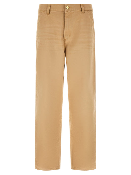 Trousers by Carhartt Wip for men in organic cotton brown features a artisanal silhouette, showcasing a sophisticated straight-leg, regular-fit & wide with a long and for a artisanal finish.