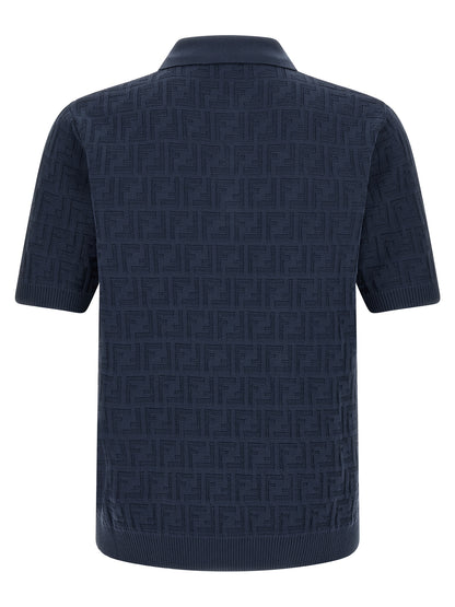 Fendi Men's Cotton Polo Shirt - Navy Patterned Jacquard