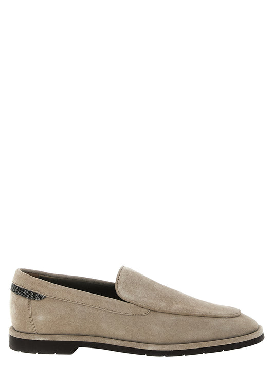 Flat Loafer Slip-On Shoes by Brunello Cucinelli for women in bos taurus suede calfskin leather beige & signature showcases a resplendent Monile Women's Bos Taurus Suede Calfskin Leather Flat Loafer Slip-On Shoes aesthetic, defined by its resplendent and elegant flat.