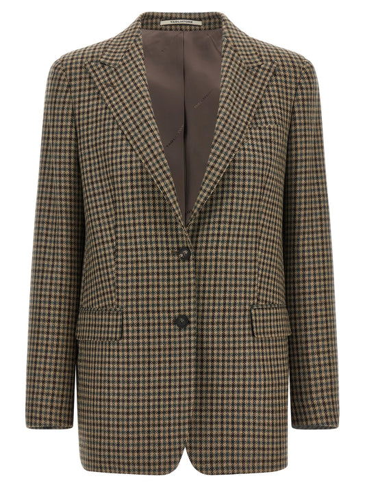 Blazer by Tagliatore for women in virgin wool brown, patterned & houndstooth showcases a discerning silhouette, elegantly detailed with a sophisticated split neckline and premium for a truly discerning finish.