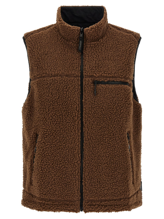 Vest by Gramicci for men in plush polyester nylon sherpa black, brown & multicolor features a stylish silhouette, showcasing distinct pockets and a refined high-neck neckline for a truly stylish finish.