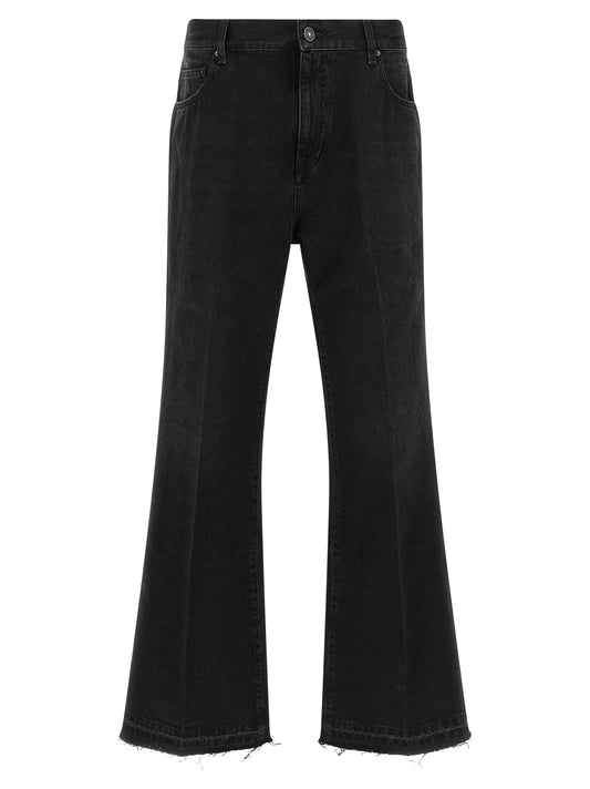 Jeans by Amiri for men in denim cotton black, brown & signature presents a tailored silhouette, showcasing a tailored straight, flared & relaxed-fit and long cut with a refined for a truly tailored aesthetic.