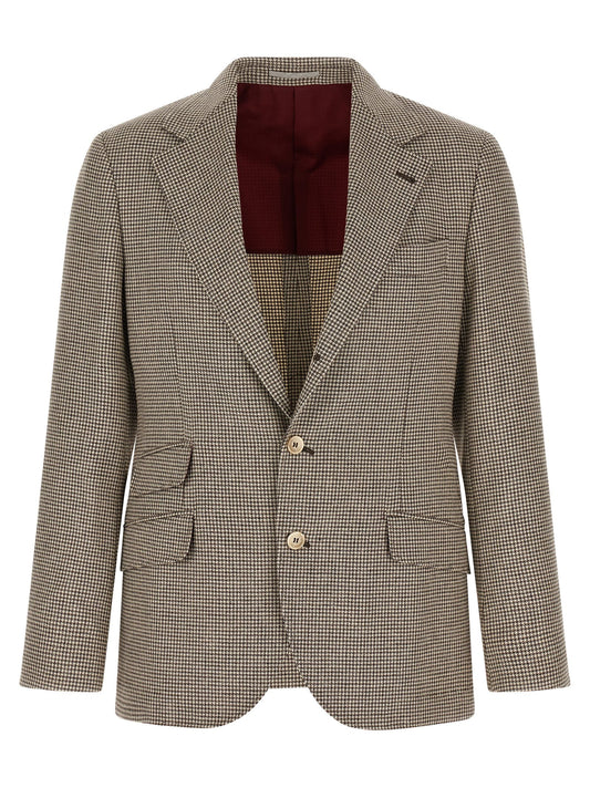 Blazer by Brunello Cucinelli for men in silk & alpaca wool gray, patterned & houndstooth features an crisp silhouette with sophisticated and a crisp for a truly crisp finish.