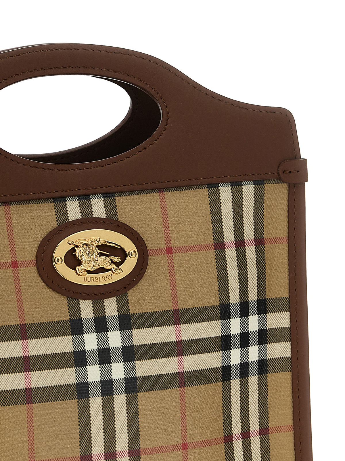 Mini Handbag by Burberry for women in cotton canvas & leather beige, gold & patterned features a contemporary silhouette, showcasing a secure , ample , and contemporary shoulder-strap, adjustable-strap & handle for a sophisticated look.