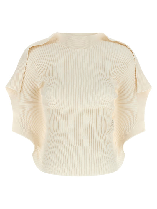 Shirt by Issey Miyake for women in polyester cream & white showcases a sleek silhouette, elegantly detailed with a sleek high-neck neckline and short-sleeve for a sleek finish.