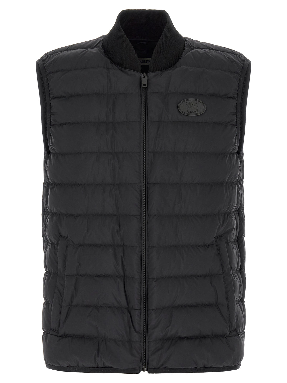 Vest by Burberry for men in leather & cotton black features an contemporary silhouette, showcasing refined and a contemporary for a sophisticated layered look.