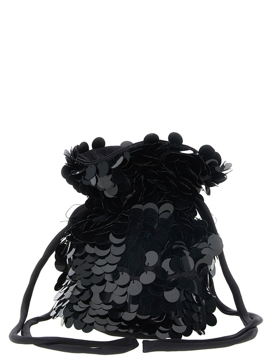 Mini Evening Shoulder Drawstring Pouch Bag by P.A.R.O.S.H. for women in polyamide & sequins black presents a versatile silhouette, showcasing a secure drawstring and versatile with versatile shoulder-strap & handle for a sophisticated look.