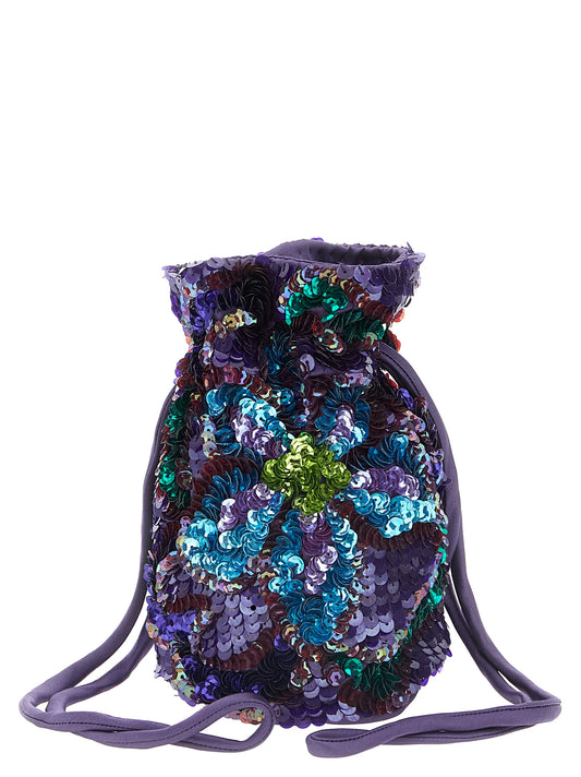 Compact Drawstring Shoulder Bag by P.A.R.O.S.H. for women in polyamide & sequins blue, green, purple & floral features a effortless sophistication silhouette, secured by a drawstring with ample and versatile shoulder-strap for a effortless sophistication finish.