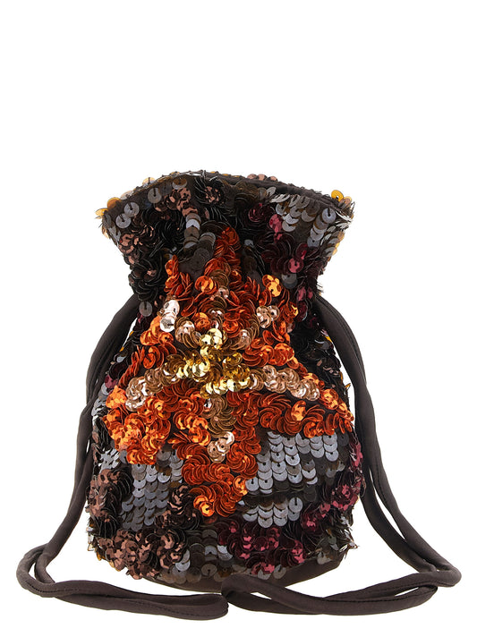 Mini Evening Shoulder Drawstring Pouch Bag by P.A.R.O.S.H. for women in polyamide & sequins bronze, brown & orange presents a versatile silhouette, showcasing a secure drawstring and versatile with versatile shoulder-strap for a sophisticated look.