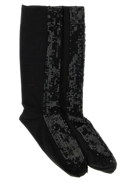 Socks by P.A.R.O.S.H. for women in polyamide & sequins black features a snug silhouette, artfully capturing the essence of the snug Play Women's Polyamide & Sequins Socks design for a sophisticated look.