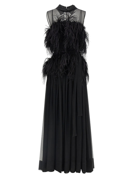Dress by Alberta Ferretti for women in silk chiffon & feathers black features a dramatic silhouette, showcasing an elegant and sleeveless that flows into a dramatic long.