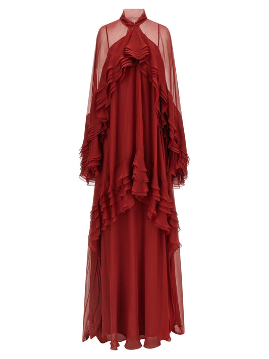 Dress by Alberta Ferretti for women in silk chiffon bordeaux & transparent features a dramatic silhouette, showcasing an elegant high-neck neckline and long-sleeve that flows into a dramatic long.