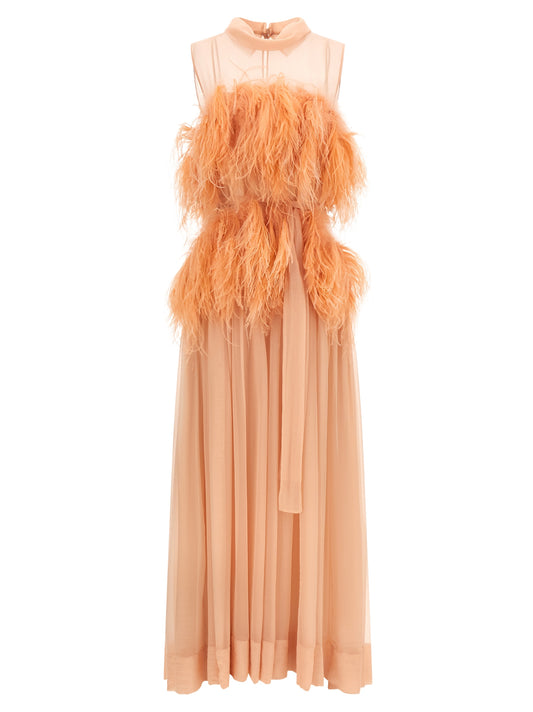 Dress by Alberta Ferretti for women in silk chiffon & feathers multicolor, pink & transparent features an magnificent silhouette, artfully detailed with a magnificent shirt-collar neckline and sleeveless that flows into an magnificent long.
