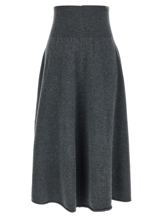 Skirt by Extreme Cashmere for women in cashmere gray, signature & striped features a captivating silhouette, showcasing the captivating Women's Flared High Rise Cashmere Midi Skirt design with a sophisticated midi for a captivating look.