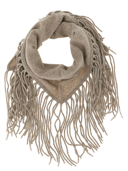 Scarf by P.A.R.O.S.H. for women in cashmere beige & gray presents a cosy silhouette, artfully capturing the sophisticated design and premium aesthetic of the Cashmere Triangular Fringes Scarf.