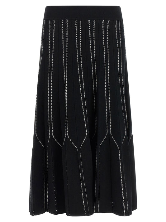 Skirt by Elisabetta Franchi for women in viscose black & gold showcases a dramatic silhouette, artfully capturing the essence of the Play Women's Flared Viscose Midi Skirt in a dramatic midi cut for a refined look.