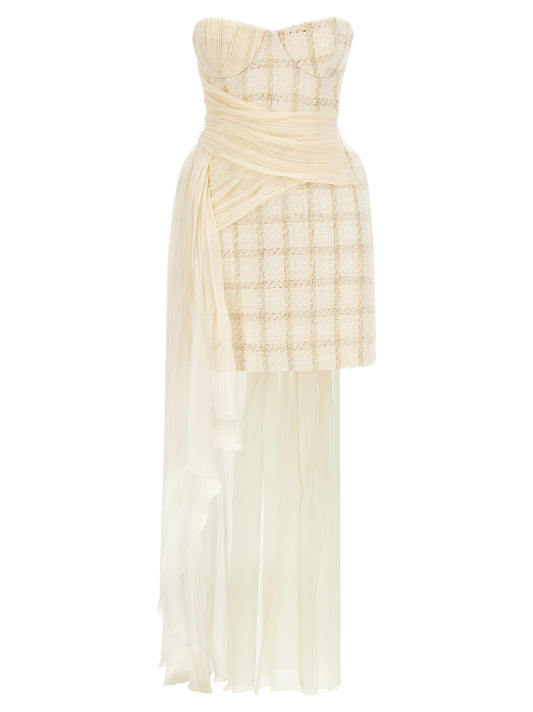 Dress by Elisabetta Franchi for women in virgin wool & tulle transparent & white showcases a striking silhouette, elegantly detailed with a sleeveless, refined sweetheart neckline, and a striking short mini for a striking finish.