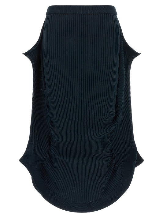 Skirt by Issey Miyake for women in polyester canvas dark-blue & patterned showcases a sultry silhouette, elegantly defined by its midi and the sophisticated sultry design of the Play Women's Polyester Canvas Midi Skirt.