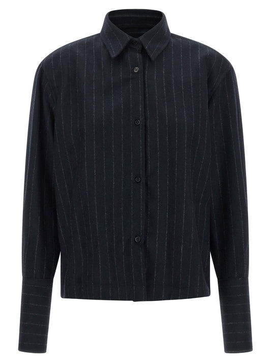 Blouse by THELATEST for women in alpaca wool & polyamide blue, patterned & pinstripe features an polished silhouette, showcasing a sophisticated and long-sleeve detail for a truly polished finish.