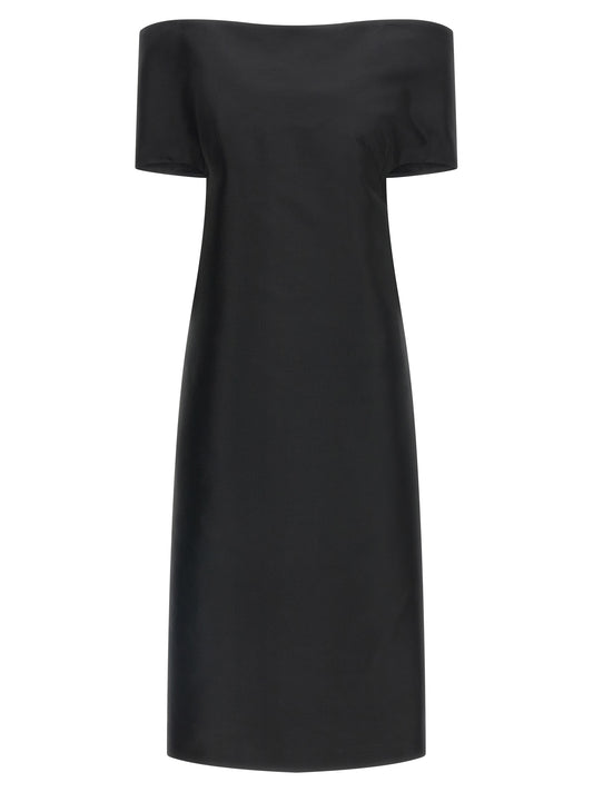 Dress by Jil Sander for women in silk viscose wool black & silver features an eye catching silhouette with a sophisticated v-neck split boat neckline, elegant short-sleeve, and a refined midi short for a eye catching aesthetic.