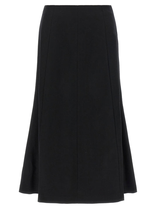 Skirt by THELATEST for women in polyamide alpaca wool flannel black showcases a dramatic silhouette, artfully capturing the essence of the Women's Flared High Rise Polyamide Alpaca Wool Flannel Midi Skirt in a dramatic midi cut for a refined look.