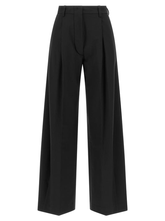Trousers by THELATEST for women in polyester & virgin wool black features an on trend silhouette, showcasing a sophisticated wide with a long and high rise for an on trend finish.