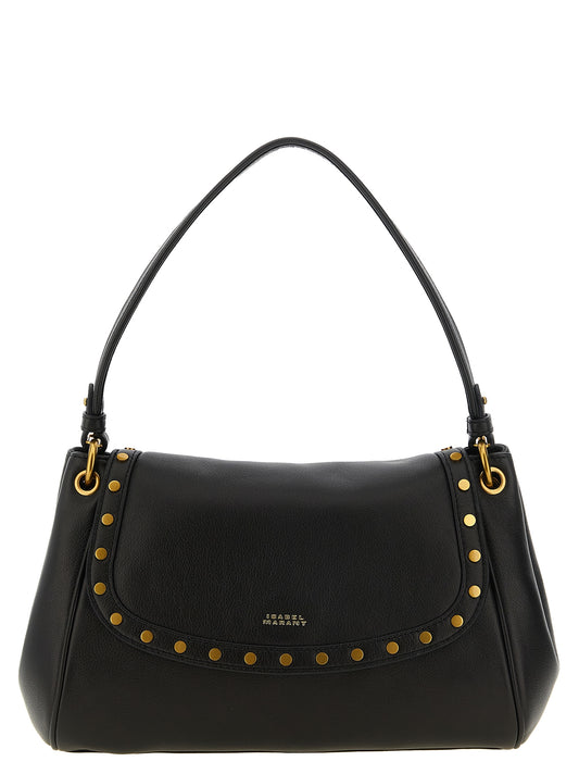 Shoulder Flap Pouch Bag by Isabel Marant for women in lambskin leather black & gold features a effortless chic silhouette with a secure snap, flap & magnetic, ample , and versatile shoulder-strap, detachable-strap & handle for a effortless chic finish.