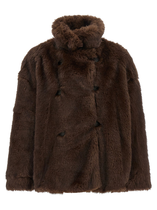 Overcoat by THELATEST for women in plush polyester & faux fur brown showcases a enveloping silhouette, detailed with distinctive and a enveloping high-neck neckline.