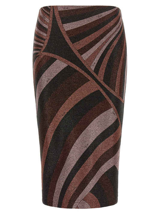 Skirt by Emilio Pucci for women in polyamide & lurex black, bordeaux, bronze, brown & print features a contoured silhouette from the Iride Play Women's Sheath Polyamide & Lurex Midi Skirt collection, characterized by its contoured midi for a contoured finish.