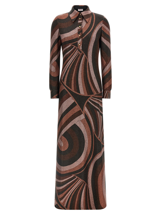 Dress by Emilio Pucci for women in polyamide & lurex bordeaux, bronze, brown, gold, pink & print features an cute silhouette, detailed with a long-sleeve and that elegantly flows into a cute long.