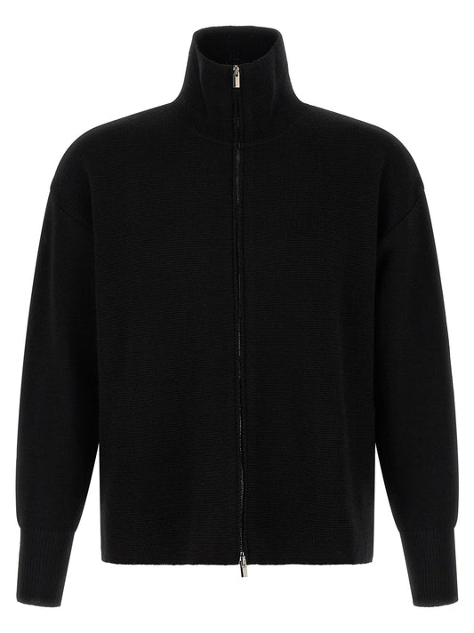 Cardigan by MA'RY'YA for men in virgin wool & modacrylic black & silver presents a textural silhouette, artfully finished with a textural high-neck neckline and long-sleeve for a sophisticated, textural look.
