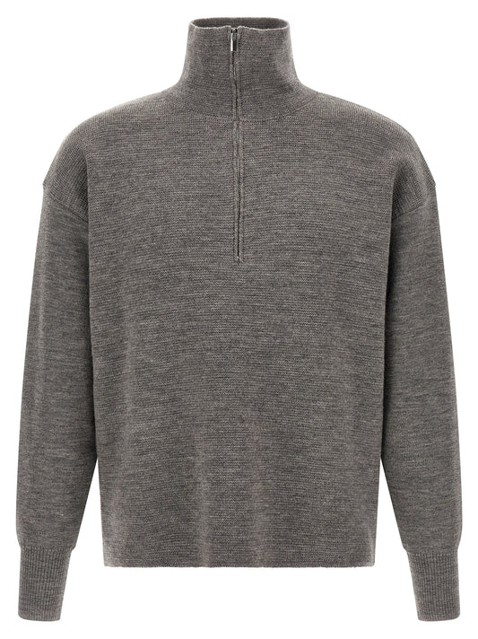 Cardigan by MA'RY'YA for men in virgin wool & modacrylic gray features a dramatic silhouette, showcasing a sophisticated turtle high-neck neckline and dramatic detail for a timeless, premium look.