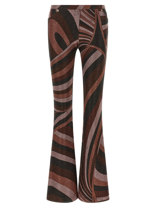 Trousers by Emilio Pucci for women in polyamide & lurex bordeaux, brown, burgundy, gold & print features a tailored silhouette with a tailored flared, defined by its long and a sophisticated .