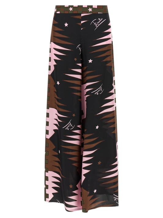 Casual Pants by Emilio Pucci for women in silk twill black, brown, green, multicolor, olive, pink & print presents a refined pantology silhouette, artfully defined by a refined pantology wide, long, and a sophisticated high rise.