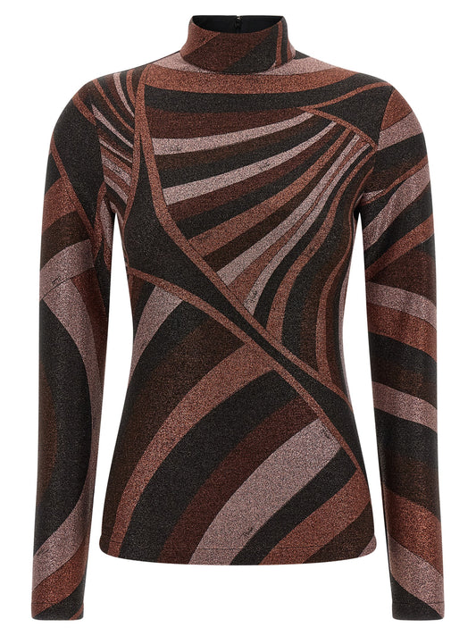 Cardigan by Emilio Pucci for women in polyamide & lurex bordeaux, bronze, brown & print features a dramatic silhouette, showcasing a sophisticated high-neck neckline and dramatic long-sleeve detail for a timeless, premium look.